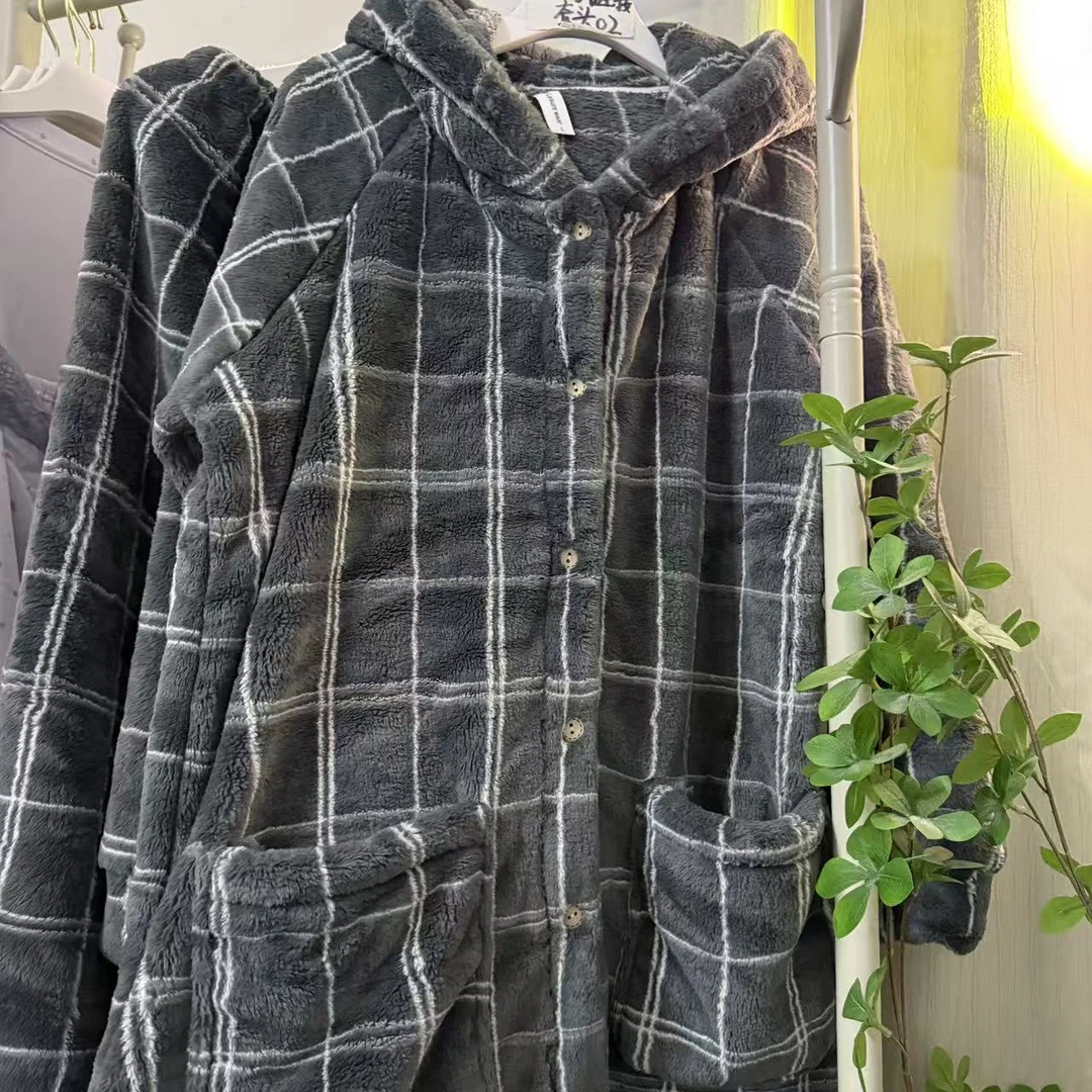 女士冬季黑白格连帽袍+裤家居服套装