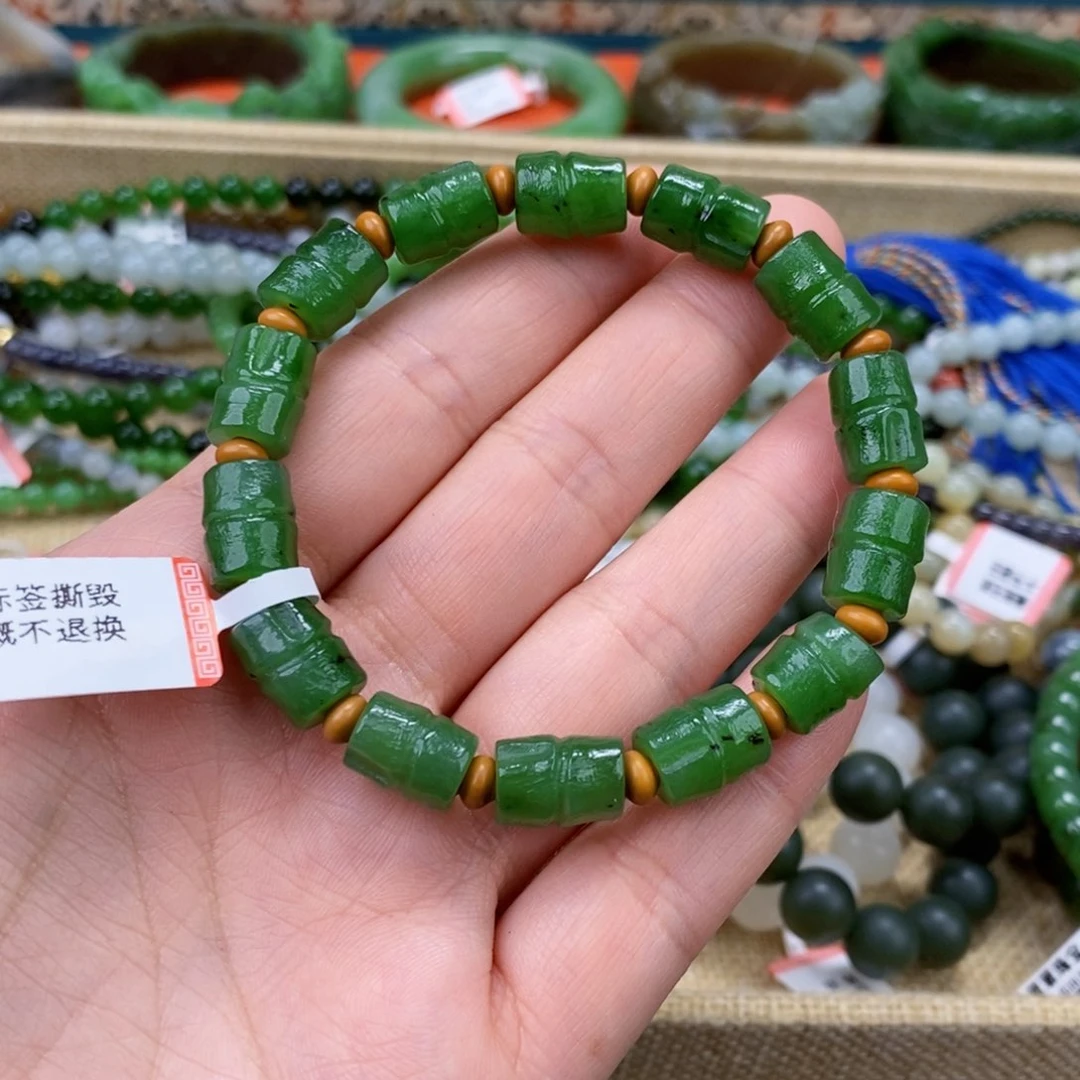 和田玉辣绿色竹节手串未镶嵌