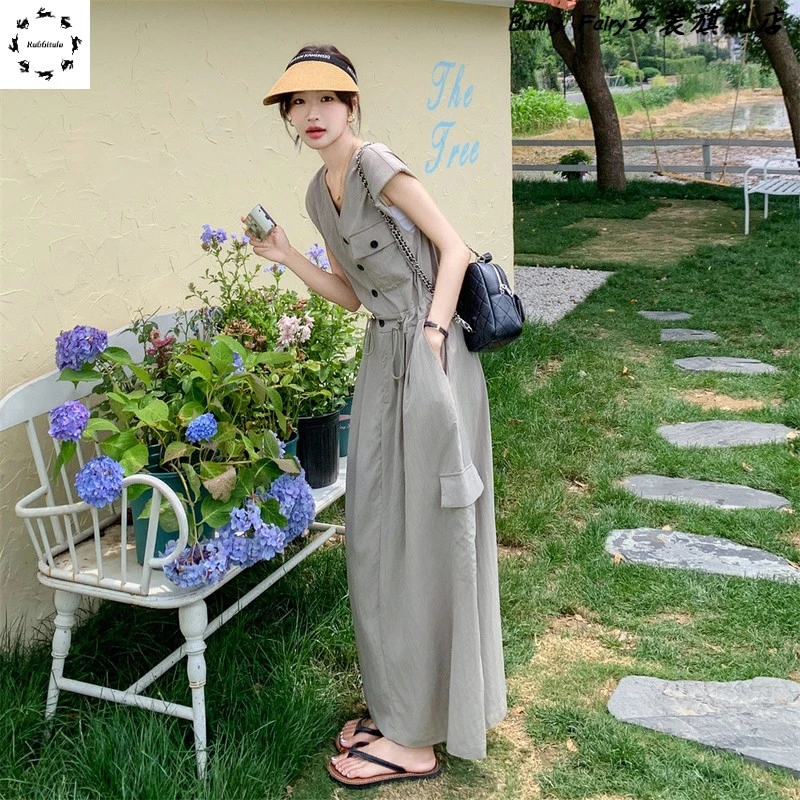湿湿韩系流行V领收腰连衣裙女夏工装裙长款长裙冷淡系流行超好看