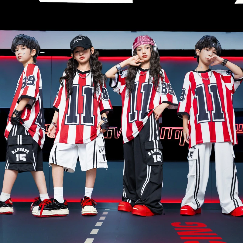 儿童街舞爵士舞服装少儿hiphop嘻哈酷帅演出服炸街红白条纹套装潮