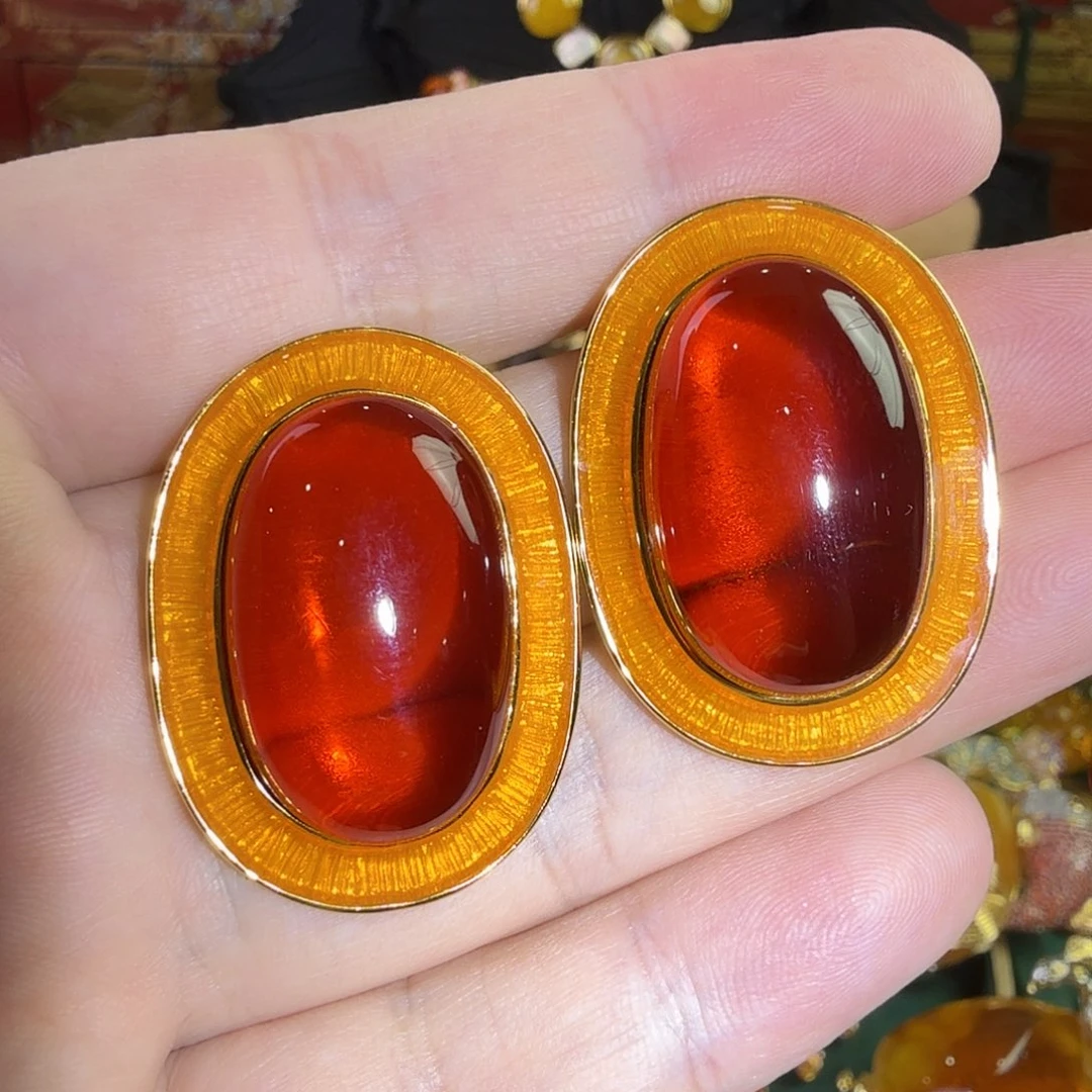 血珀银S925镀金镶嵌耳钉