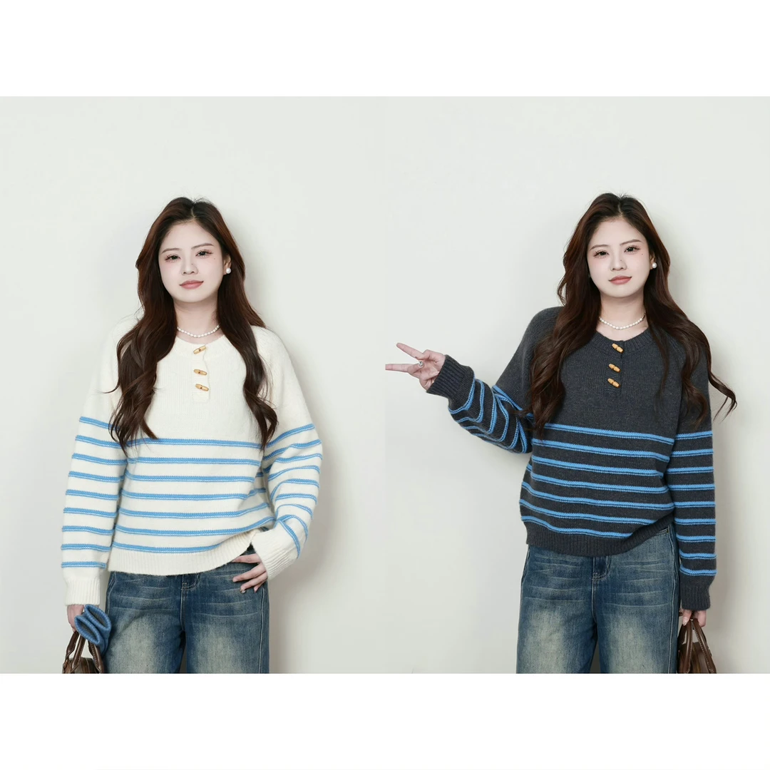 QC李潇洒【冬日开场】微胖冬条纹拼接牛角扣圆领套头毛衣XS411X23