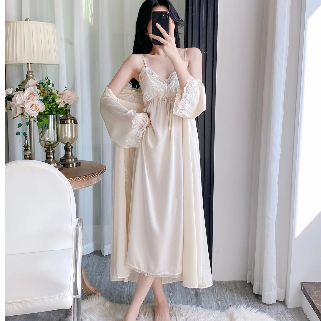 春秋冰丝长袖睡袍法式夏蕾丝吊带睡裙性感吊带睡裙带胸垫