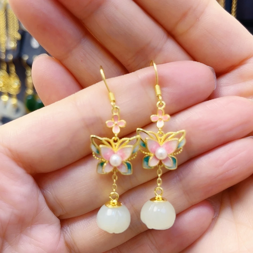 和田玉银S925镀金镶嵌耳饰