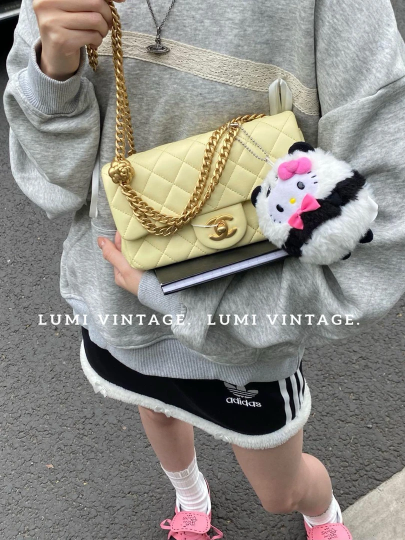 95新 Chanel/香奈儿 小鸡黄羊皮山茶花大mini单肩包39917253