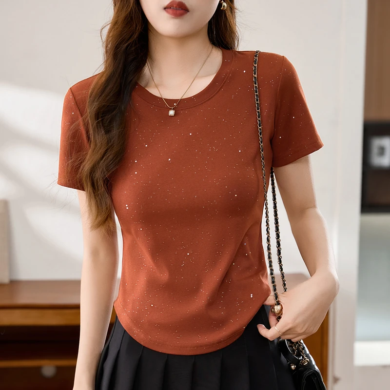 圆领烫金粉不起球弧形下摆T恤短袖春夏新款韩版修身短袖1001-19