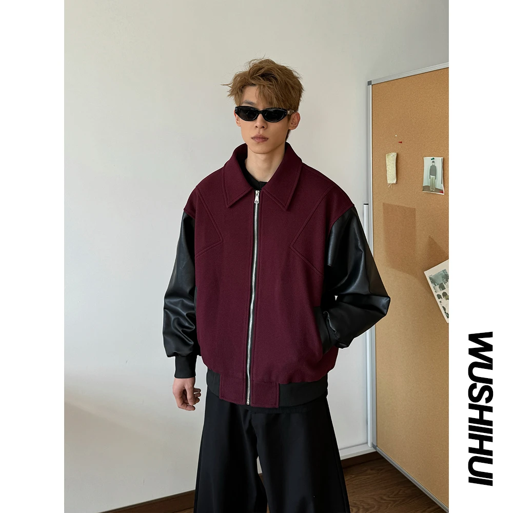 美式复古PU拼接毛呢上衣夹克男秋季翻领棒球服cleanfit外套