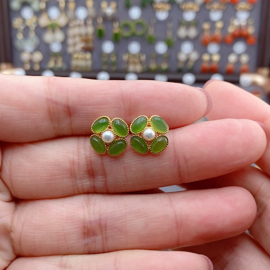 银S925镶嵌和田玉耳饰