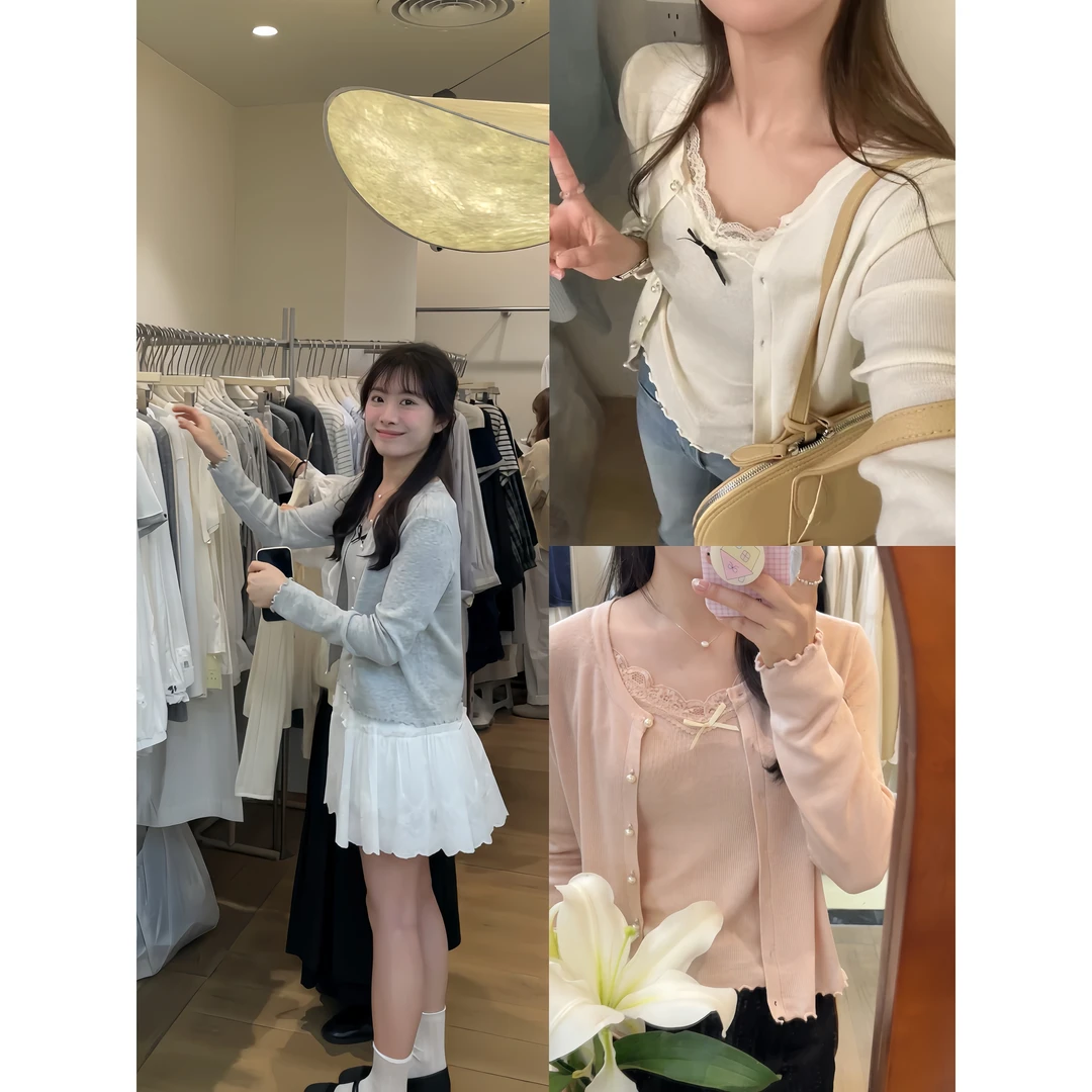 L-25080#韩系针织开衫+蕾丝边蝴蝶结吊带背心（两件套）