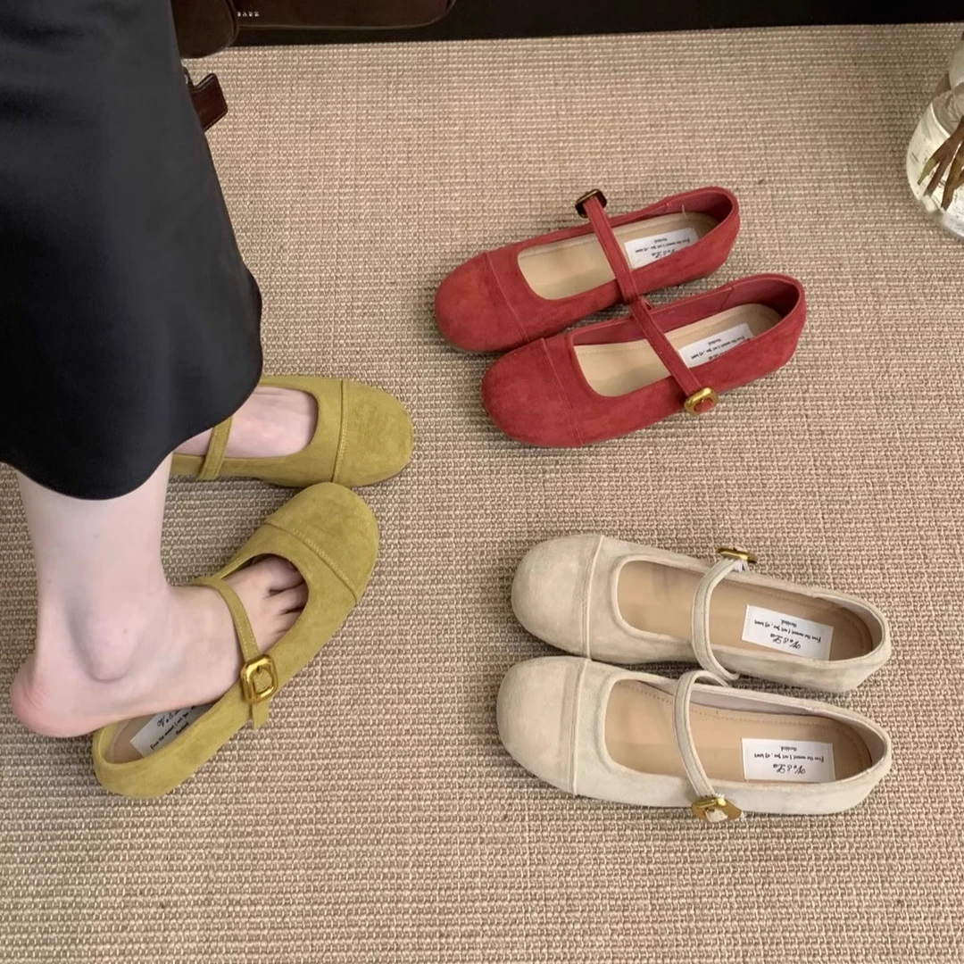 浅口红色单鞋女春秋新款法式复古温柔仙女绒面玛丽珍鞋平底豆豆鞋