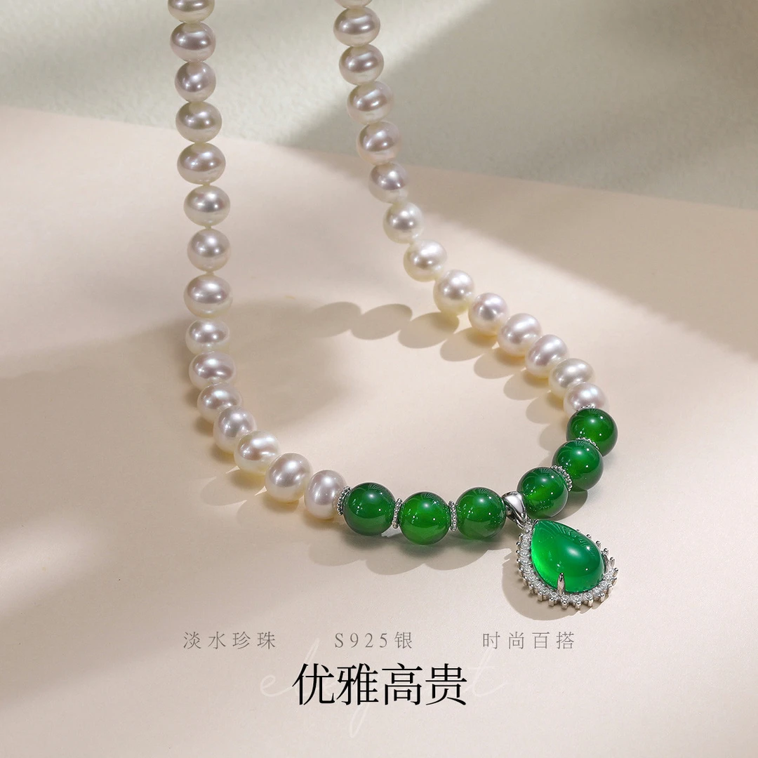 淡水珍珠S925银水滴玉髓吊坠项链送长辈妈妈婆婆母亲节礼物