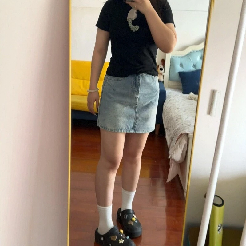 夏季浅蓝色防走光牛仔短裙女大码宽松显瘦胖mm梨形身材高腰a字裙