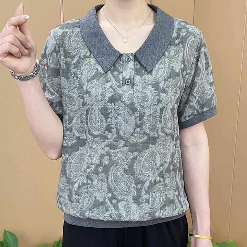 俞兆林夏季新款时尚减龄提花设计感娃娃领宽松显瘦妈妈装短袖上衣