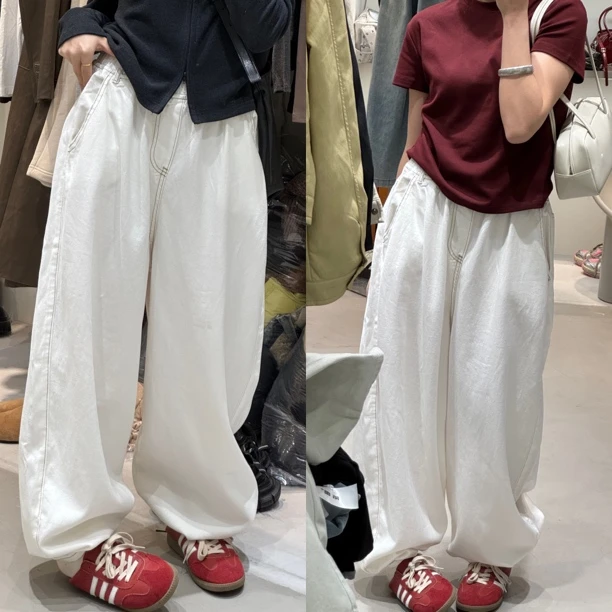 新款高街小众水洗休闲百搭直筒宽松牛仔休闲裤牛仔阔腿裤白色