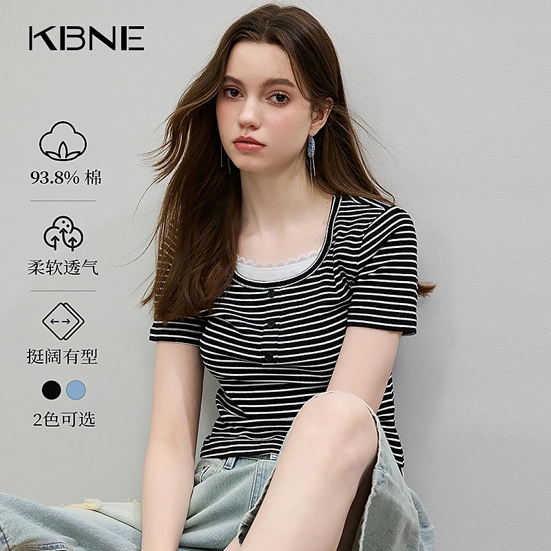 短袖女款爆款2025新款正肩t恤女KBNE夏季条纹短袖t恤女慵懒风上衣