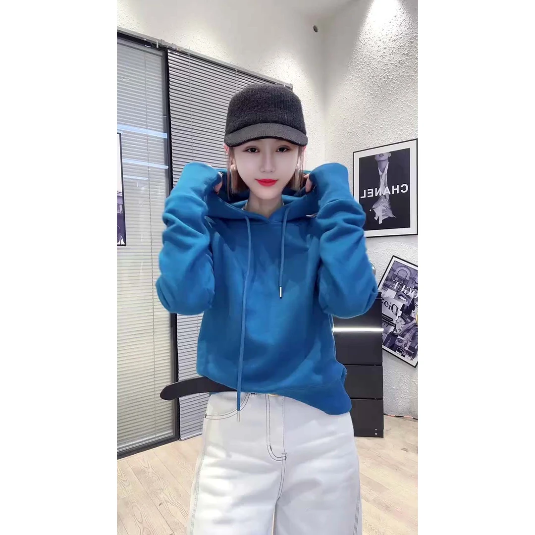 欧货新款时尚慵懒风宽松连帽抽绳加绒长袖卫衣