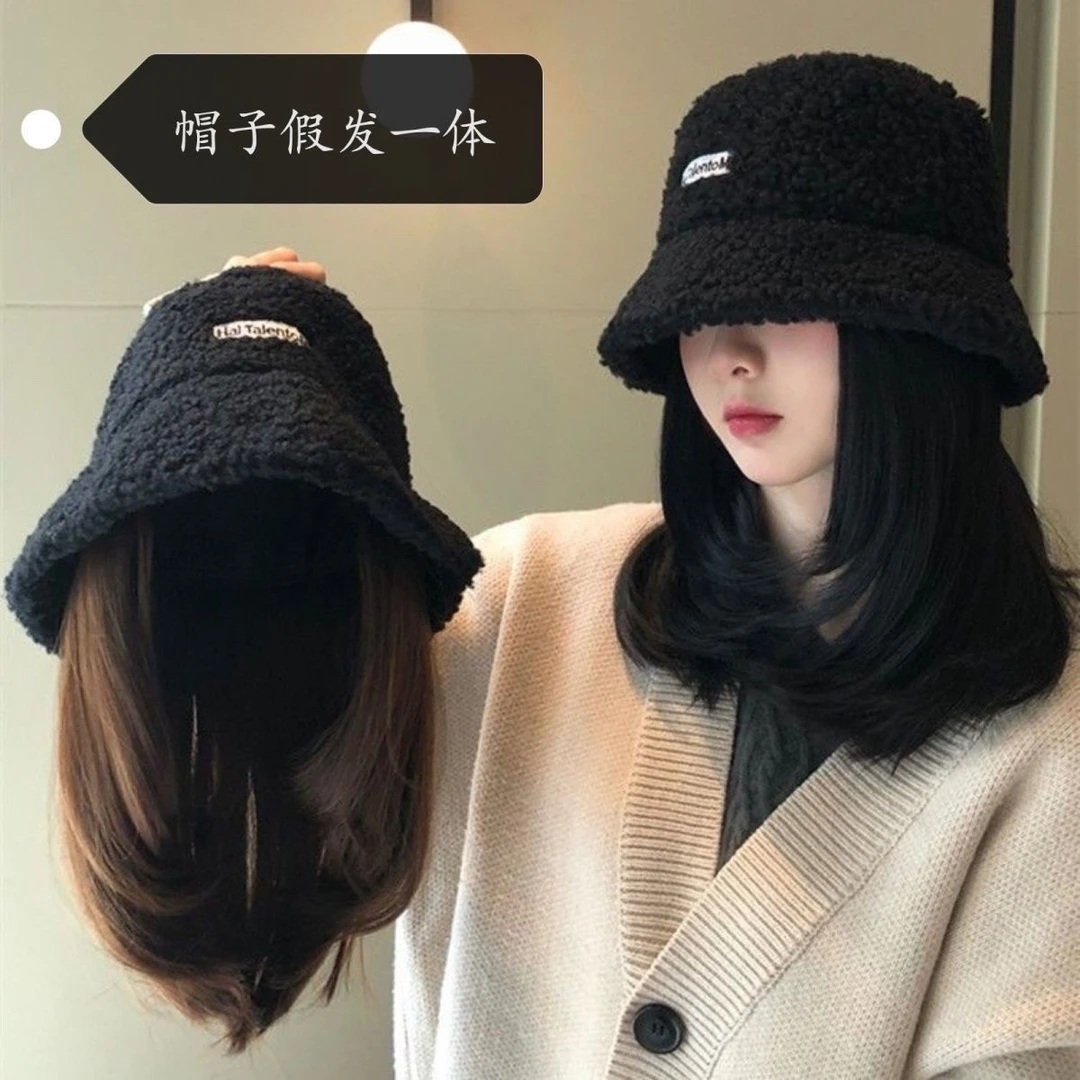 帽子假发一体女时尚羊羔绒网红渔夫帽百搭短发内扣锁骨发盆帽