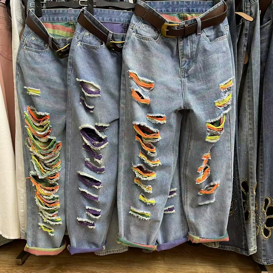 9770新款夏季时尚百搭五彩线拉丝破洞牛仔哈伦裤（送腰带）