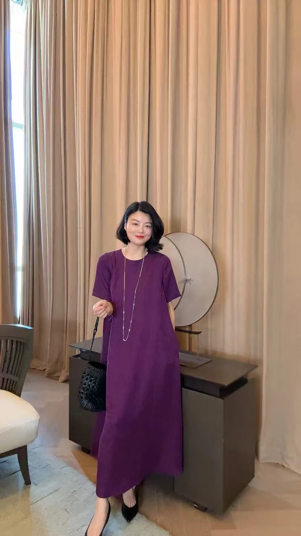 TANTAN  真丝香云纱紫色气质连衣裙1268