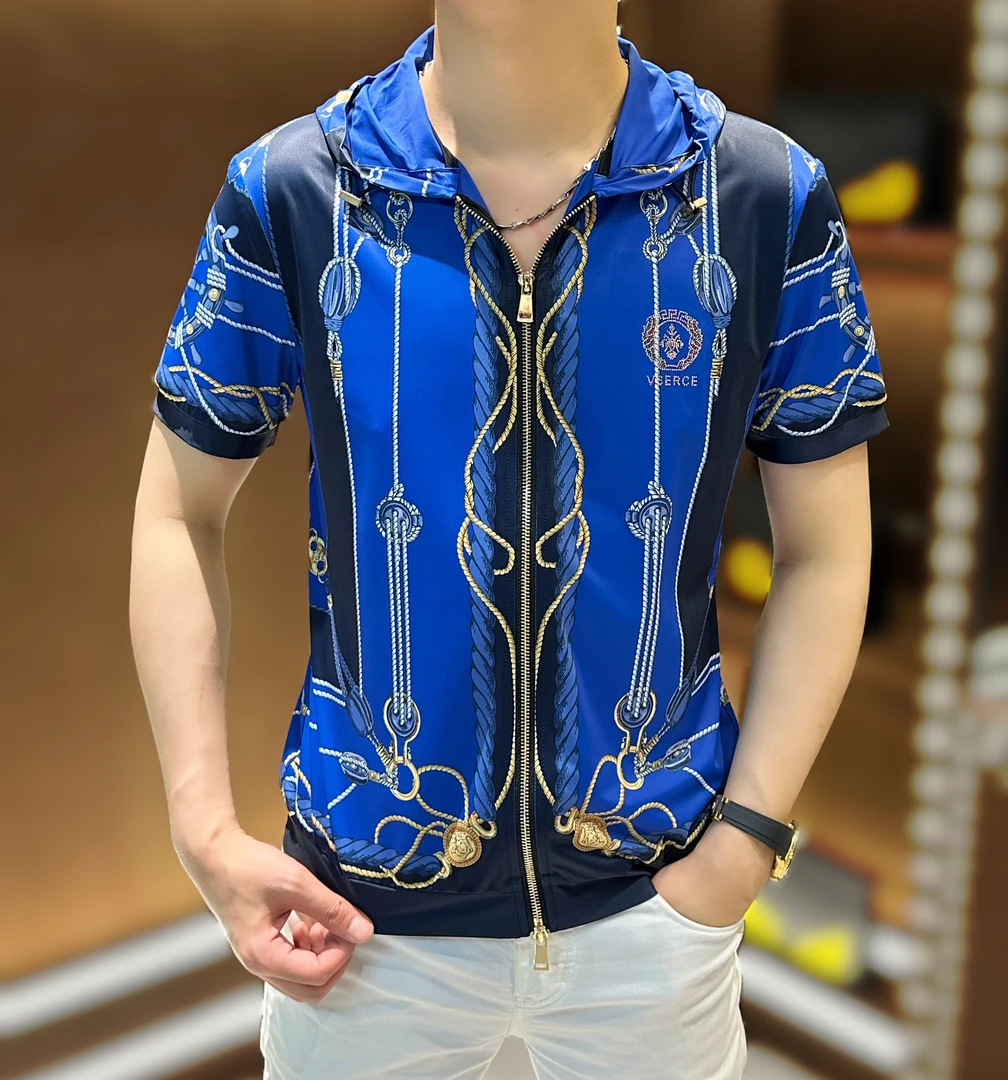 2025夏季新款修身男士休闲个性时尚薄款巴洛克百搭连帽短袖衬衫