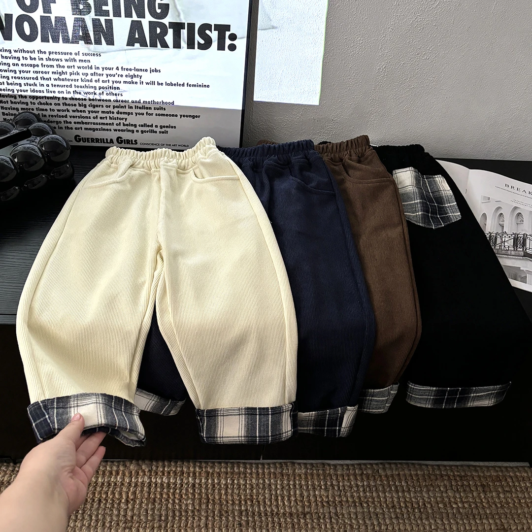秋季新款儿童拼接长裤中小童英伦风灯芯绒长裤男女童休闲百搭裤