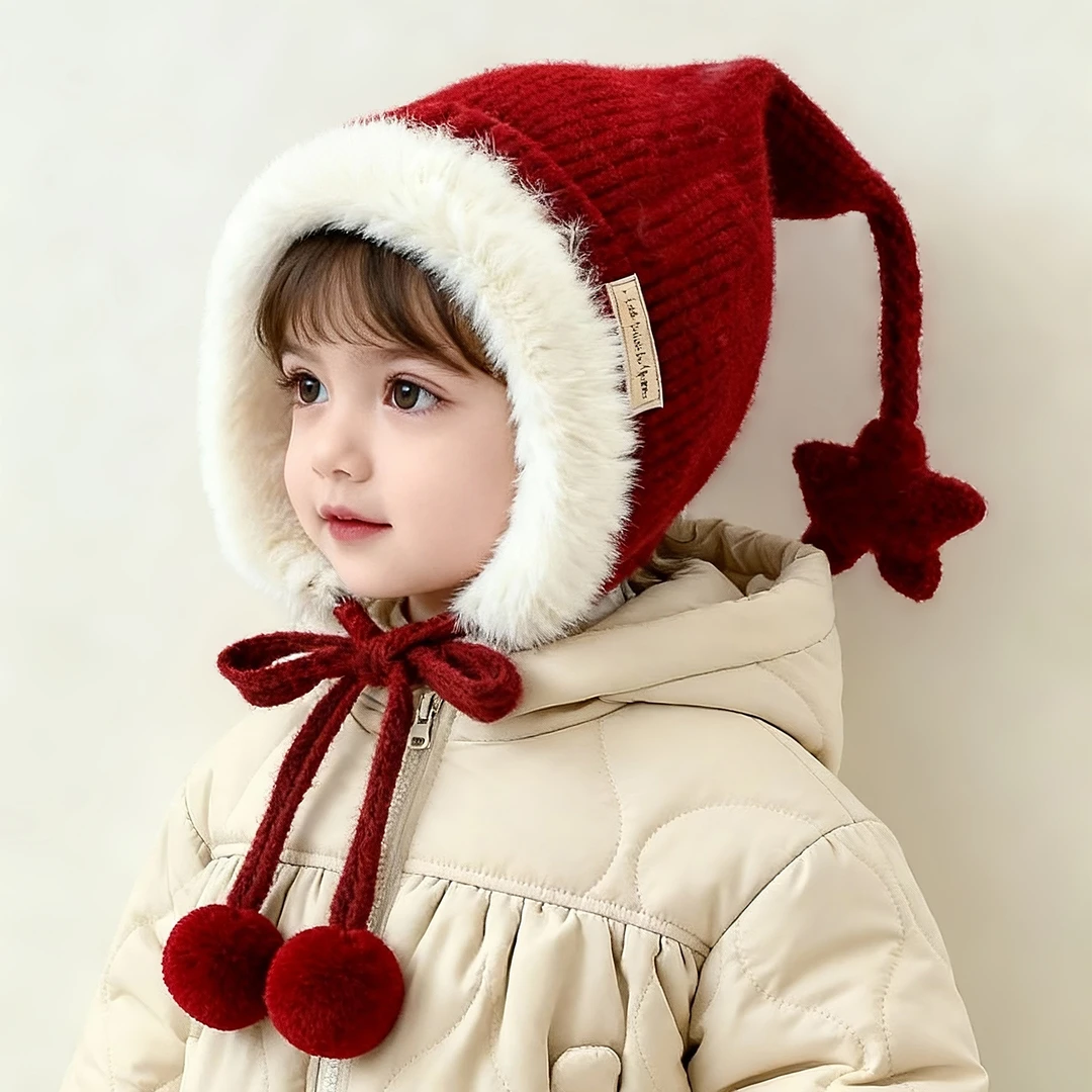 宝宝帽子冬天毛线帽可爱喜庆红色新年帽女孩加厚保暖外出防风帽潮