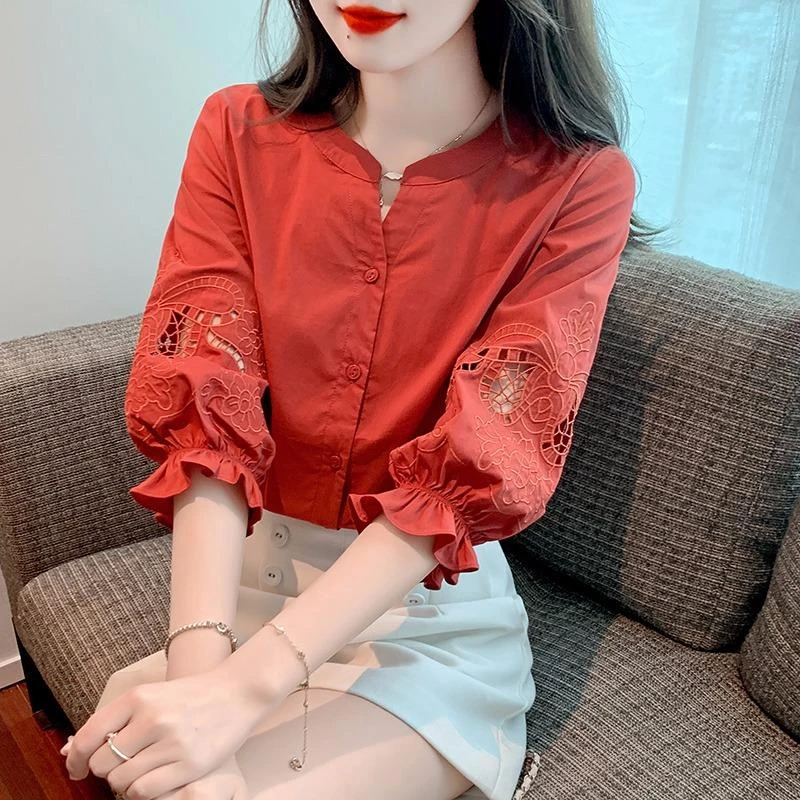 法芬图夏季七分袖雪纺衬衫女装2025新款泡泡短袖上衣设计感小众别