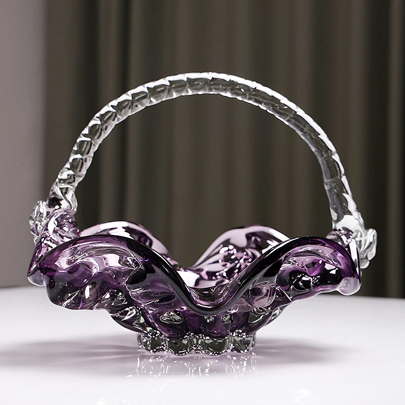 琉璃紫色创意手提篮水果盘轻奢家居艺术果盘装饰摆饰客厅收纳果篮