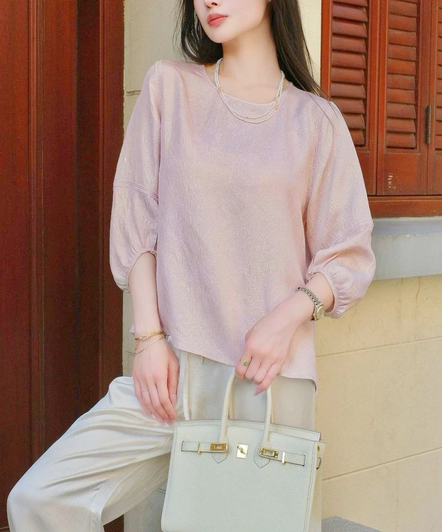 【落日绸语】提花夏季轻职风气质七分袖长袖国风轻奢春夏百搭上衣