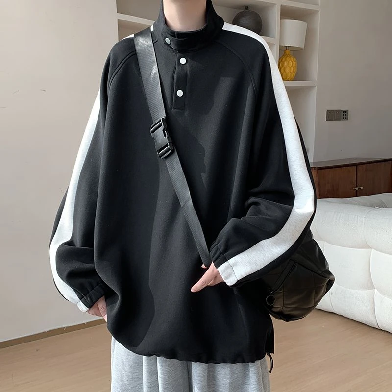 2025秋季新款时尚百搭休闲上衣男生美式高街插肩拼色大码宽松卫衣