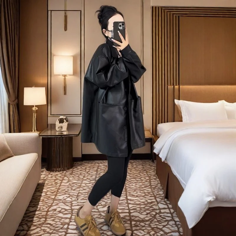 欧洲站2025春季新款时尚皮衣女高级感宽松polo领百搭休闲纯色外套