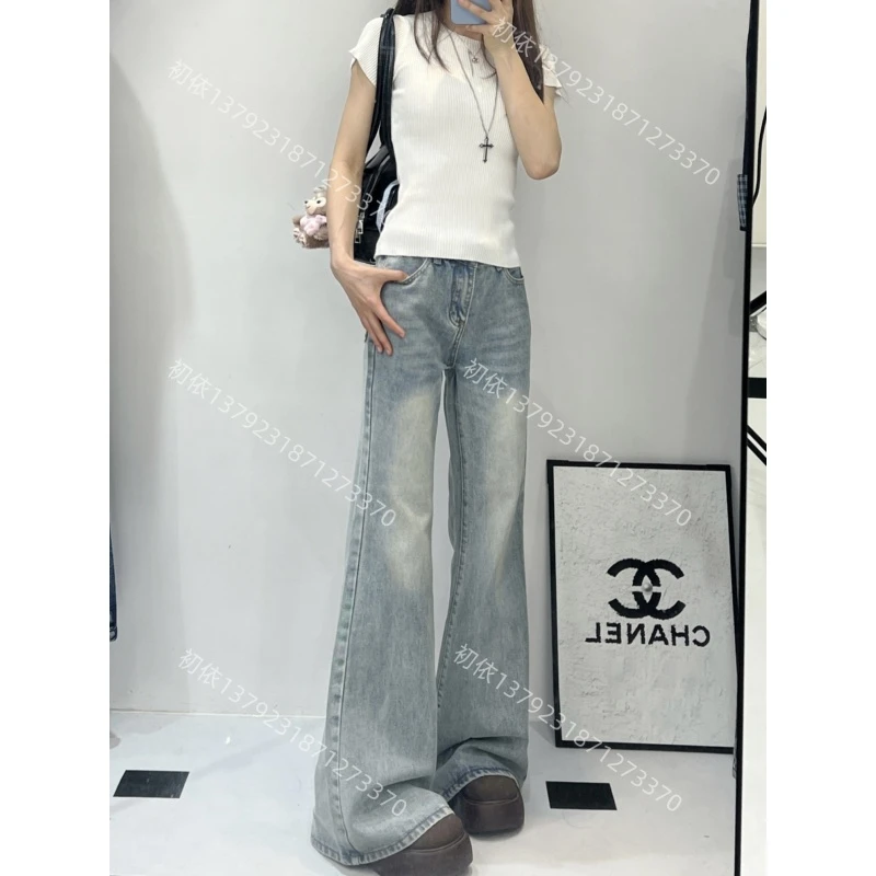 【下单当天发】夏季2025新款美式复古高腰显瘦不贴腿微喇牛仔裤女