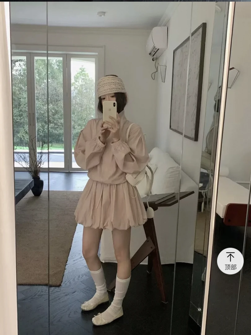 运动套装女2025新款立领粉色防晒衣两件套裙子花苞裙套装