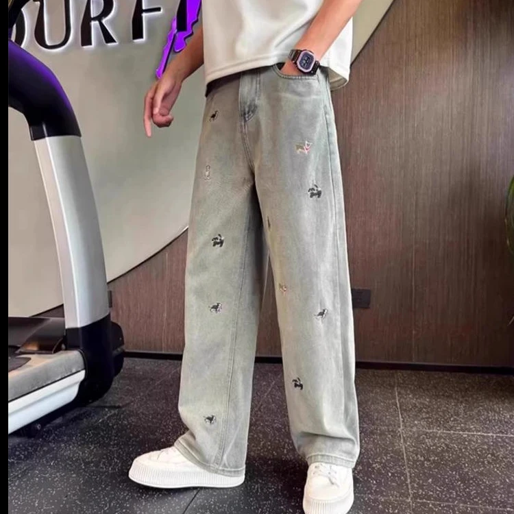 仓石一树潮流宽松直筒牛仔裤男士春秋季刺绣复古简约阔腿休闲长裤
