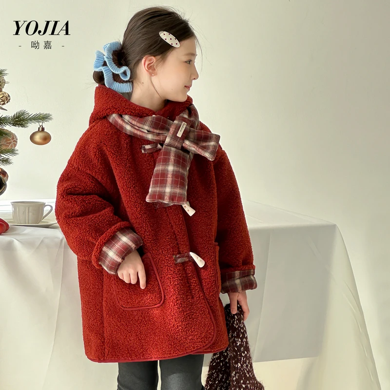 YOJIA女童冬季外套2025新款洋气新年女孩呢大衣加厚保暖儿童冬装