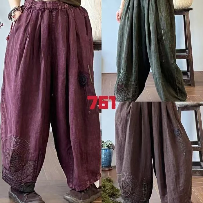 沈掌柜精选（再见时光）刺绣亚麻休闲裤复古时尚