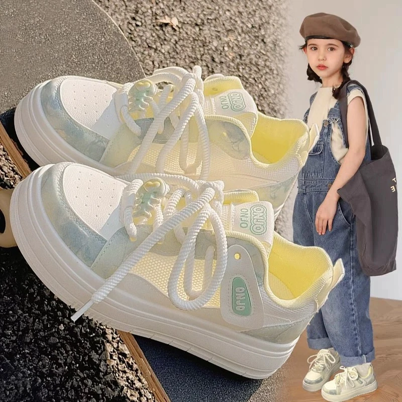 女童运动鞋2025夏季新款网面透气儿童板鞋中大童系带学生女孩网鞋