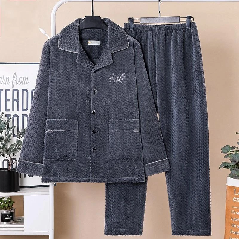 秋冬天季法兰绒套装睡衣男家居服加绒加厚纽扣大码保暖冬装