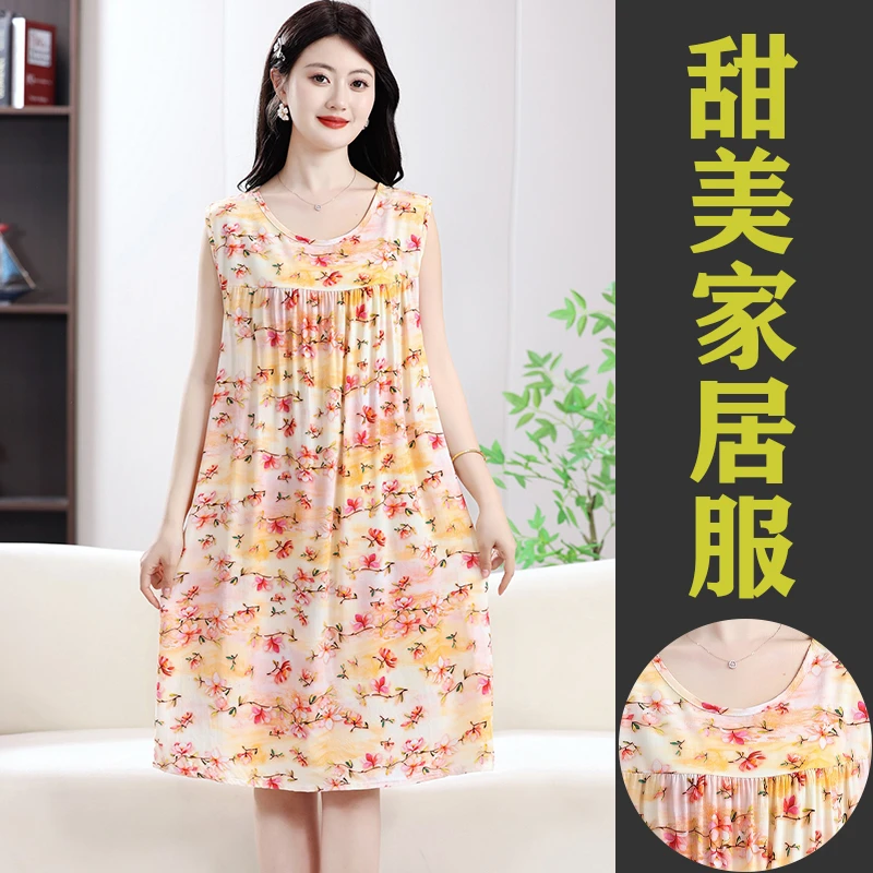 2025年新款夏季中老年棉绸连衣裙睡裙女宽松薄款无袖妈妈装家居服