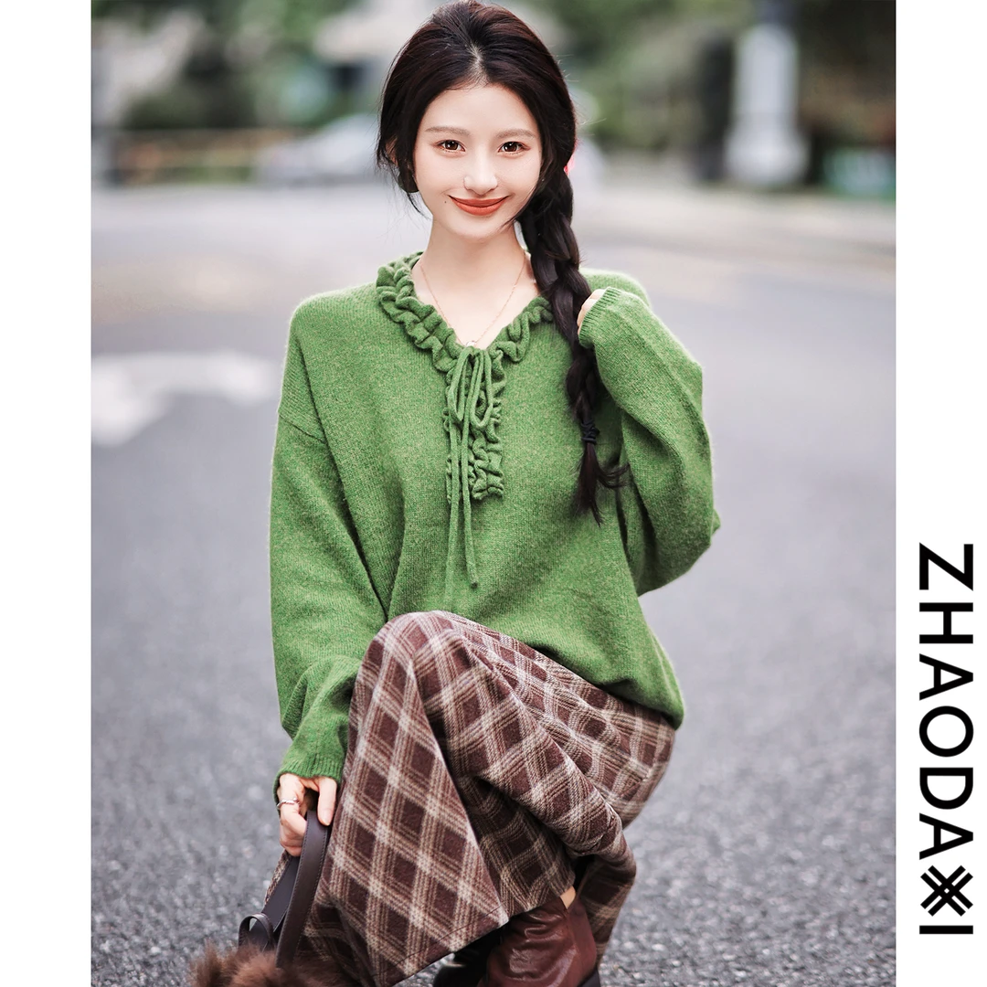 【赵大喜】现货！抹茶针织衫 | 羊毛/羊绒 v领/木耳边/绑带显瘦