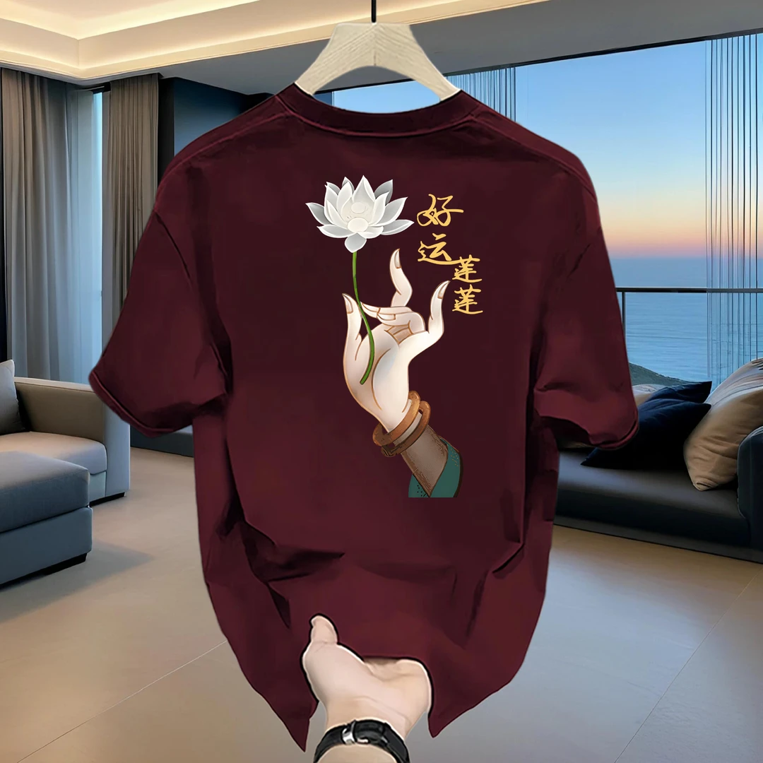2025夏季潮流手持莲花时尚图案好运莲莲男女同款纯棉休闲短袖T恤