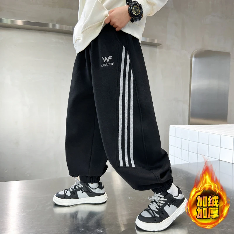 男童黑色杠条加绒一体绒运动裤秋冬款2025儿童加厚保暖卫裤中大童