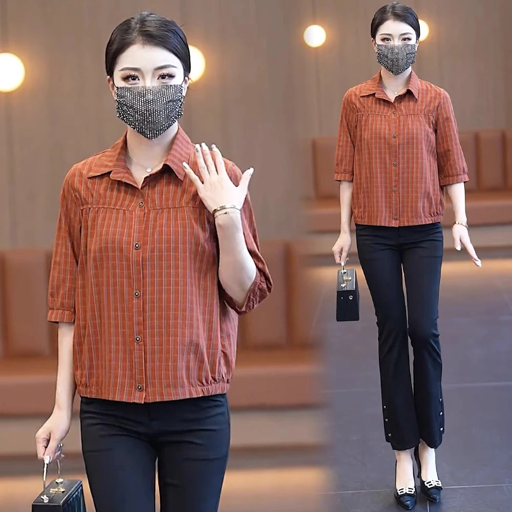 洗水棉中袖格子衬衫女2025夏季新款洋气宽松小个子妈妈装休闲上衣