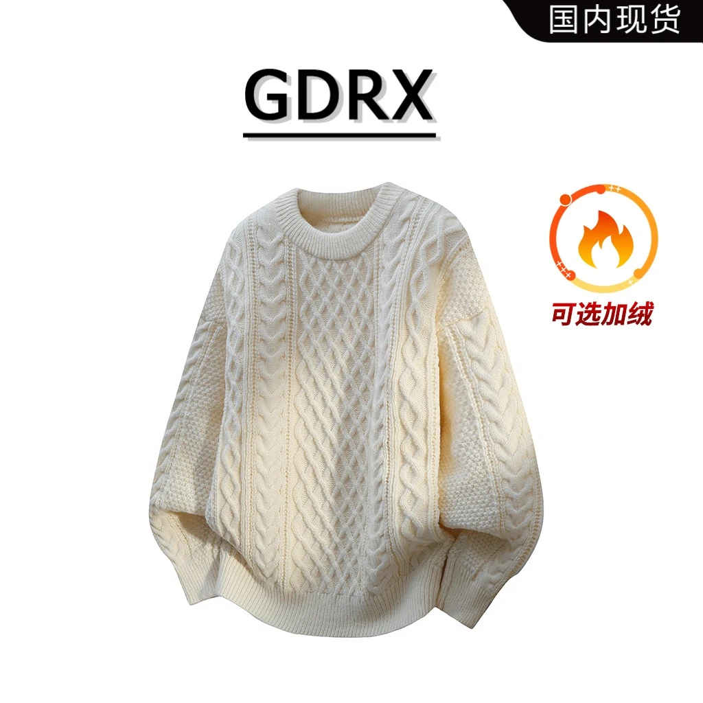 GDRX美潮轻奢男装圆领毛衣2025冬季新款保暖加绒加厚针织衫上衣男