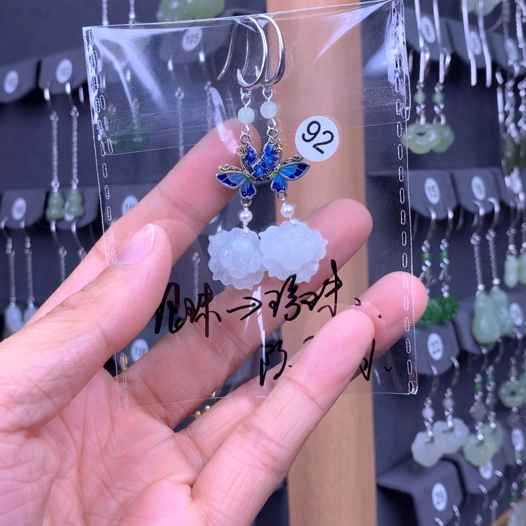 翡翠耳饰银S925镶嵌伊*