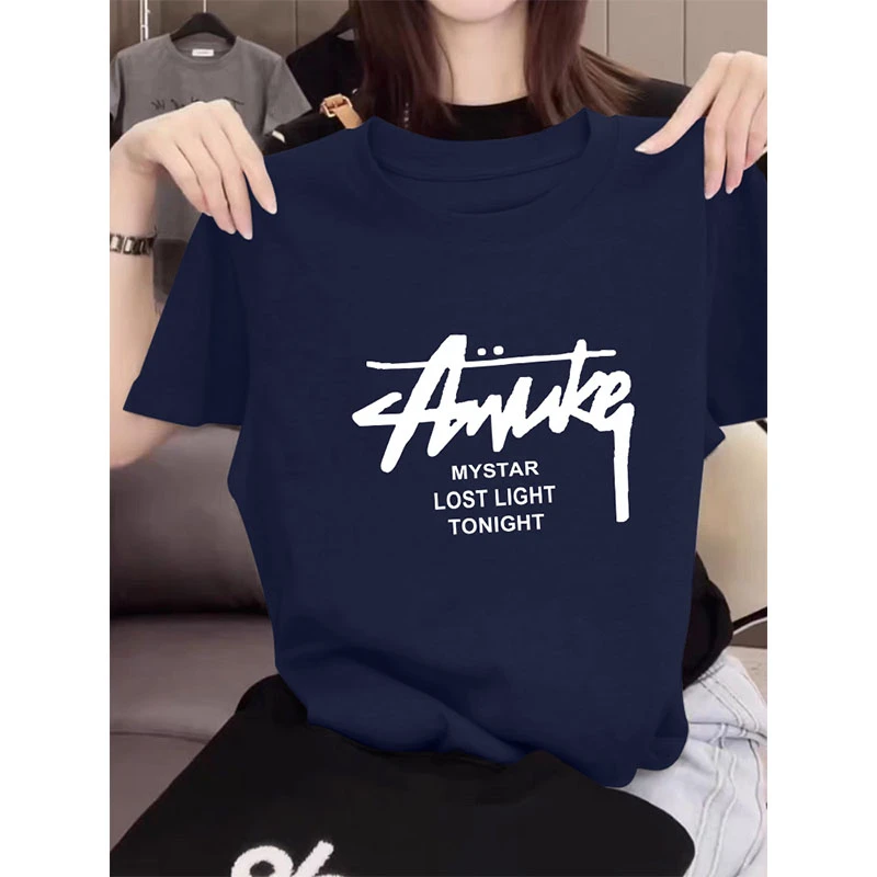 夏季薄款2025新款正肩藏青色圆领短袖t恤女百搭洋气上衣打底衫潮