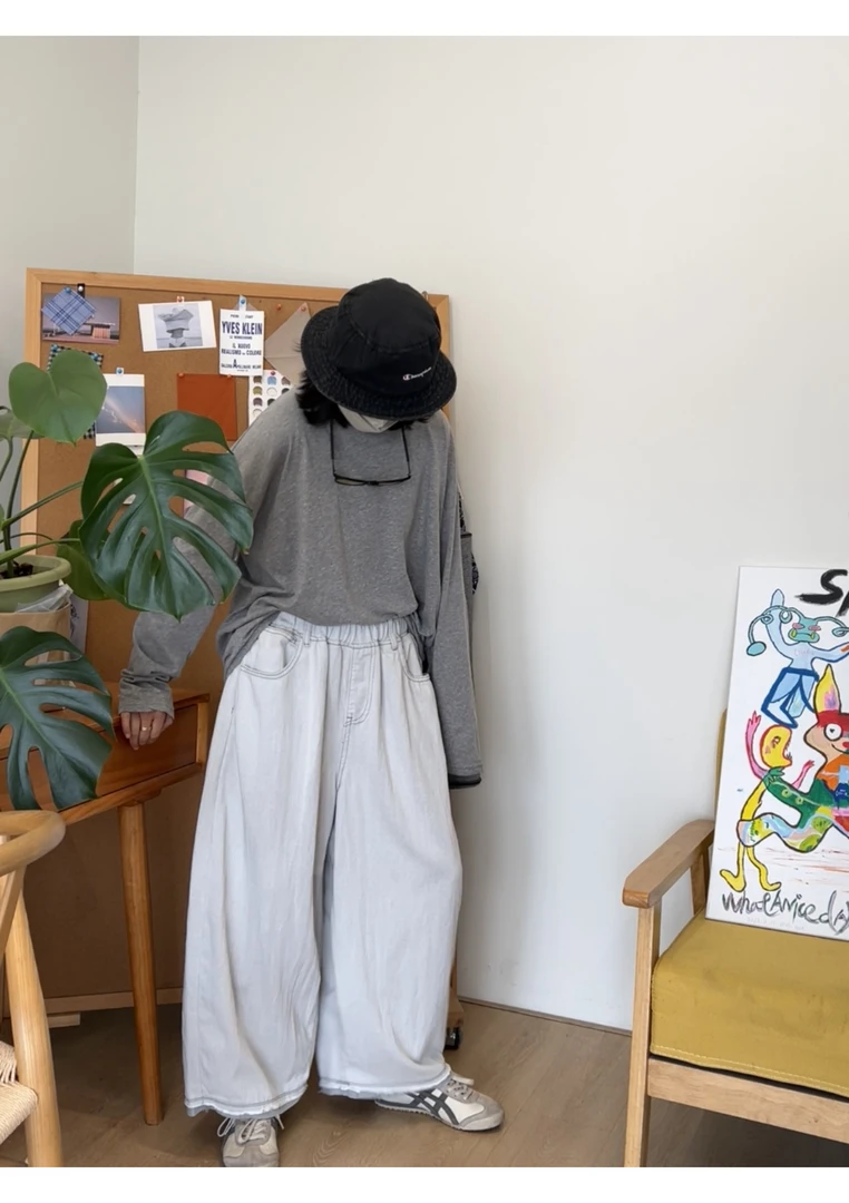 日系复古松紧流行冷水灰米色做旧洗水松弛感牛仔9分直筒大阔腿裤