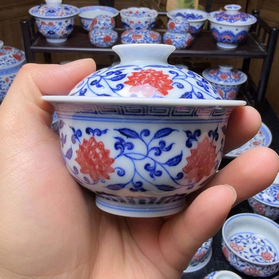 青花釉里红小叶子盖碗100ml