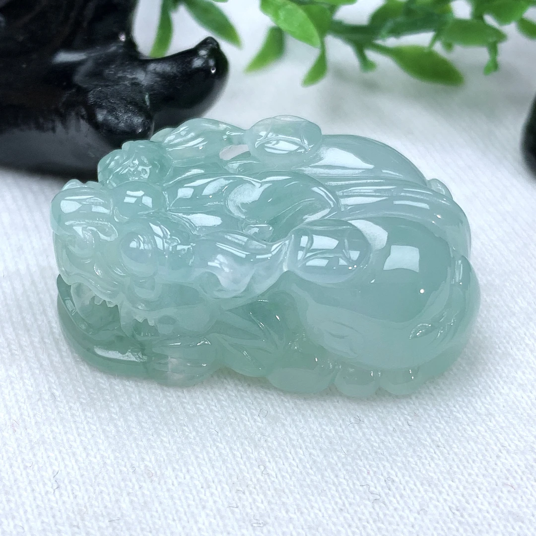 天然缅甸翡翠A货冰飘花阴阳脚口含珠金钱貔貅吊坠31.4−19.7−12mm