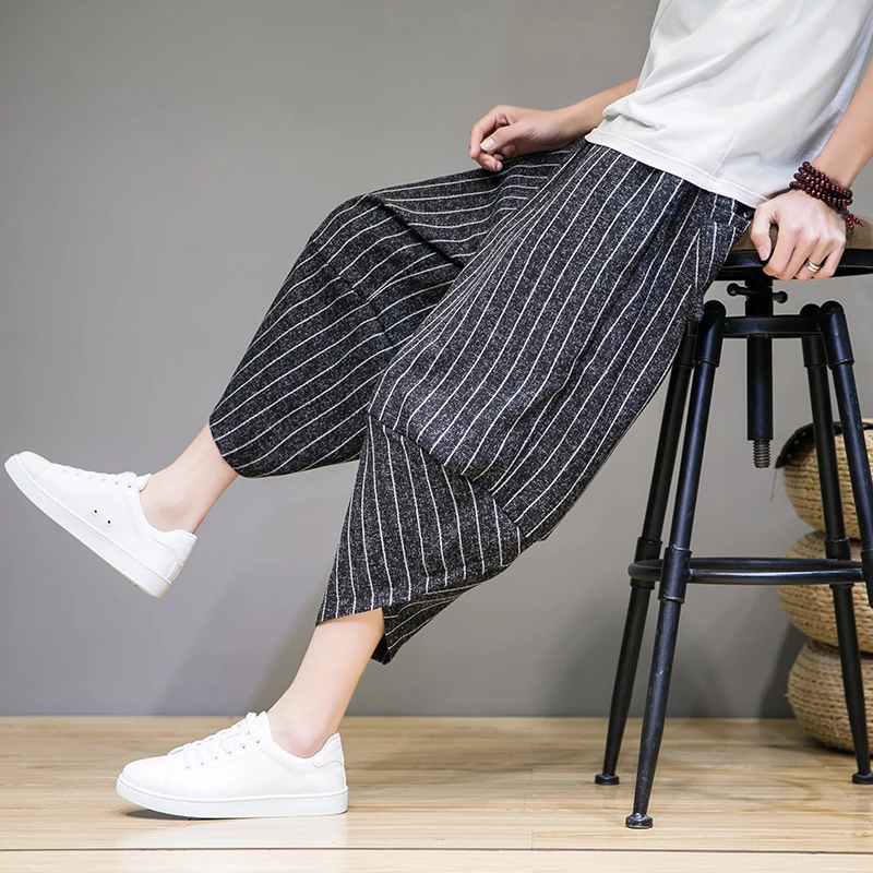 灯笼裤男士加大码胖子休闲七分裤夏季中国风条纹设计感宽松哈伦裤